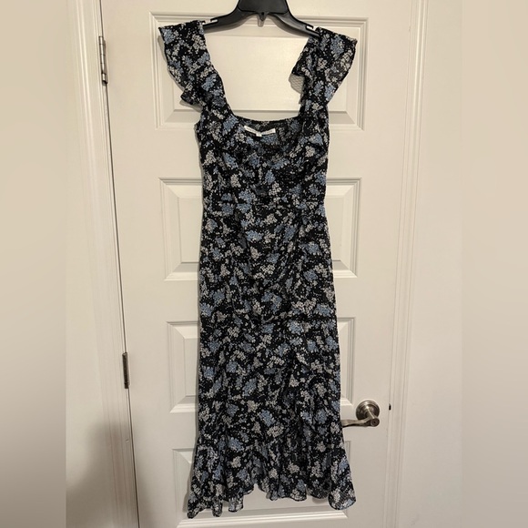 Veronica Beard Amal 100% Silk Navy & White Floral Ruffle Maxi Dress Size 2 - Picture 1 of 10